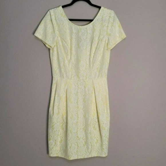 Robert Rodriguez Yellow Skye Bonded Lace Floral Sheath Dress Size Medium Pockets - Picture 2 of 6